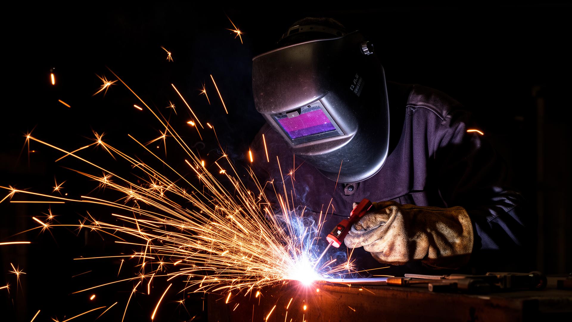Professional welder with bright arc sparks